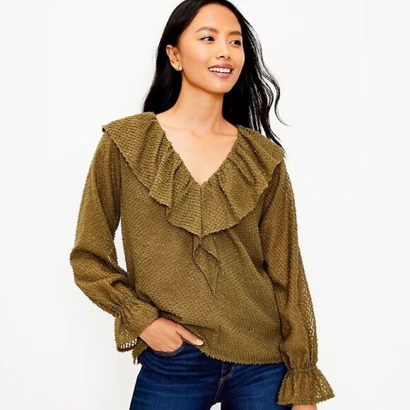 Loft Black Shimmer Clip Ruffle Long Sleeve Blouse - Picture 2 of 6